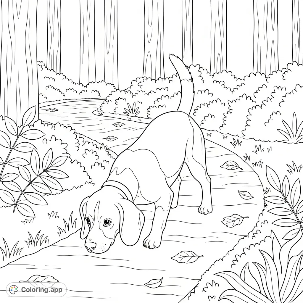 A charming beagle explores a winding forest path, nose to the ground. Simplified bushes and trees create a delightful woodland scene for coloring.