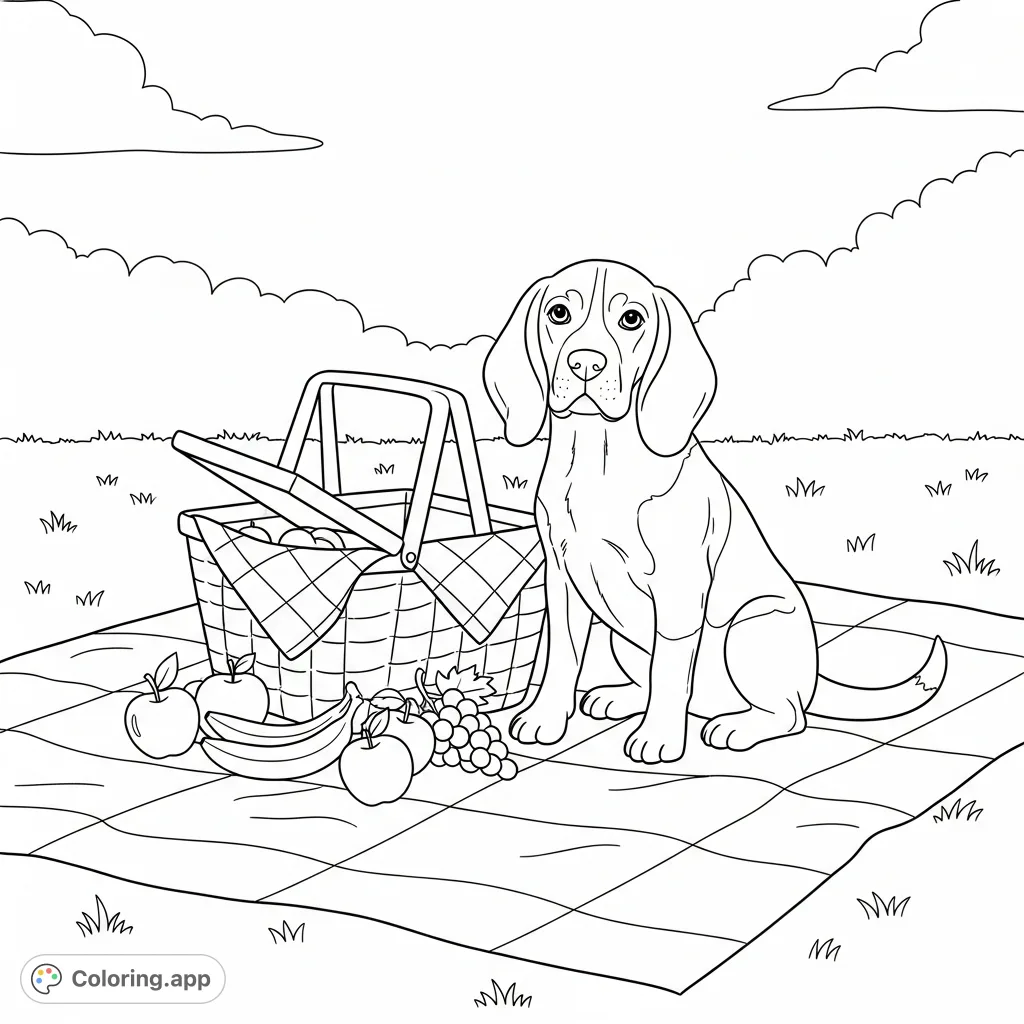 A charming beagle enjoys a relaxing picnic, complete with a woven basket, simplified fruit, and a cozy blanket in a peaceful outdoor setting.