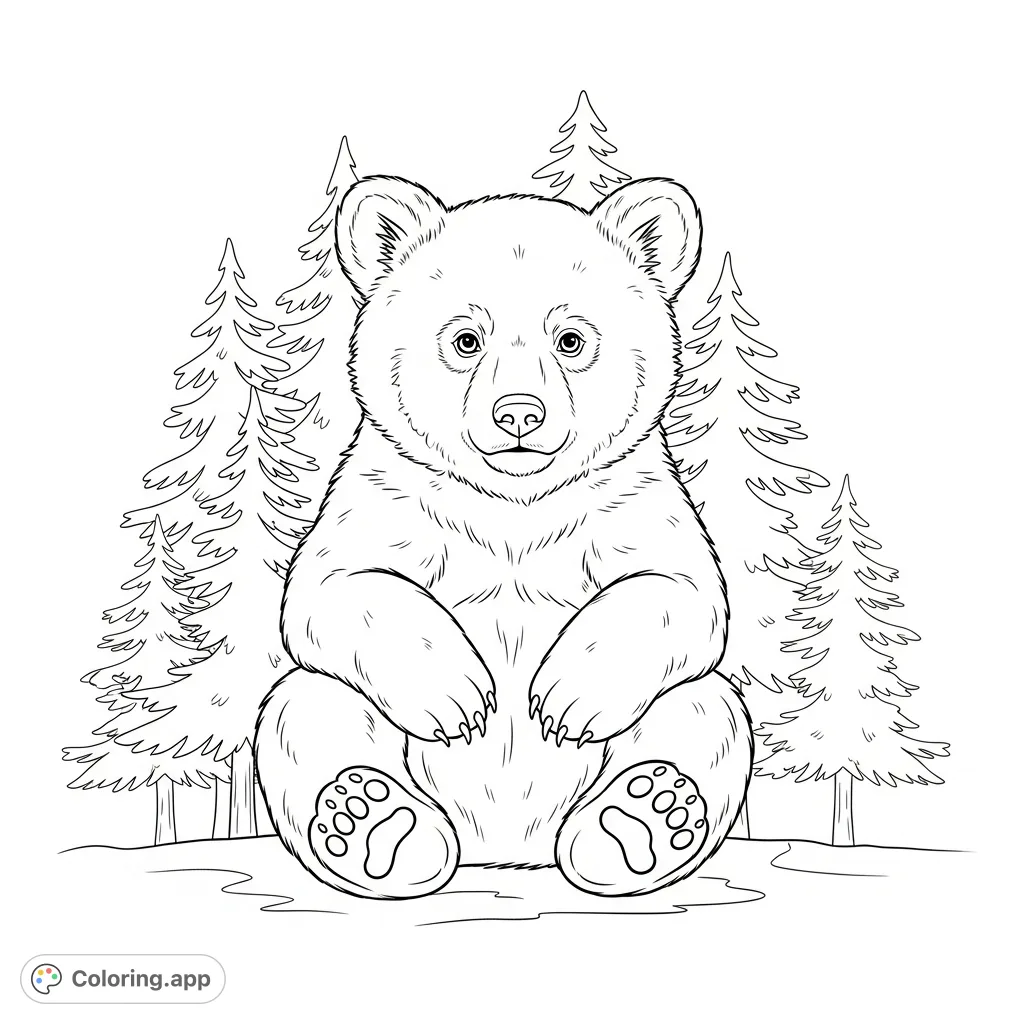 An adorable bear cub sits calmly, paws on its belly, amidst a serene pine forest. A charming scene for nature lovers and aspiring artists of all ages.