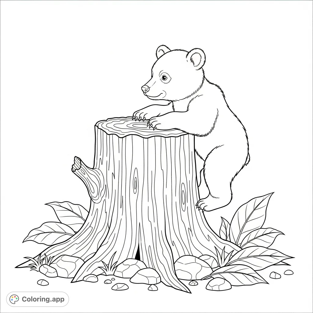 A charming coloring page depicting a curious bear cub climbing a textured tree stump, surrounded by fallen leaves and small rocks in a natural setting.