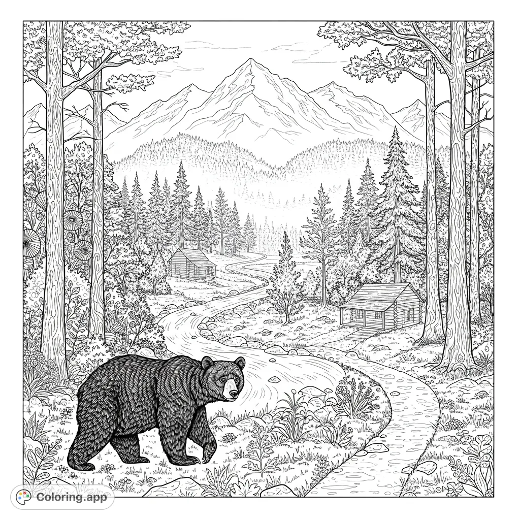 Explore a majestic bear in a detailed mountain wilderness. A free printable nature coloring page with cabins, river, and towering peaks.