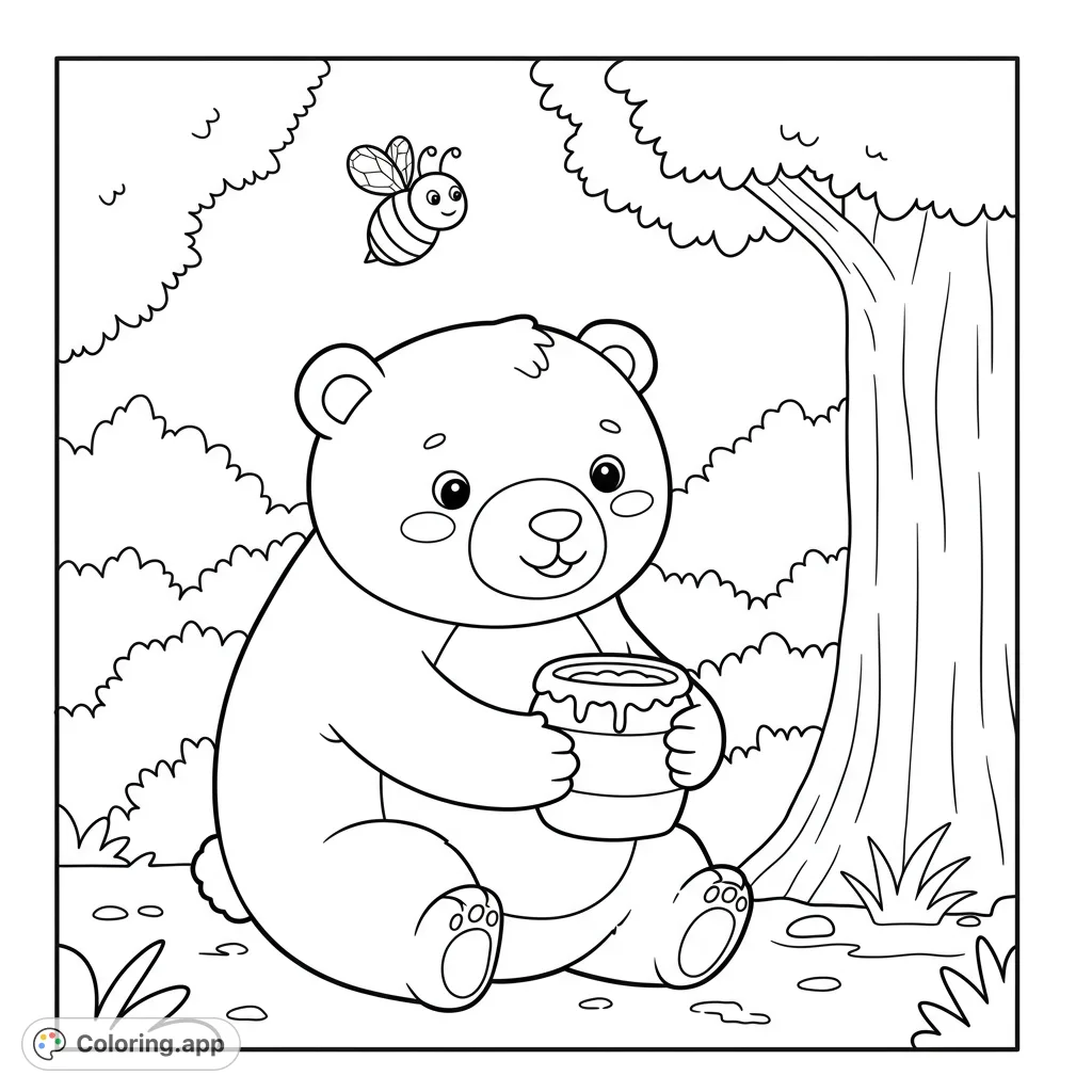 A charming bear enjoys a pot of honey, watched by a friendly bee in a forest. A delightful bear coloring page for sweet moments.