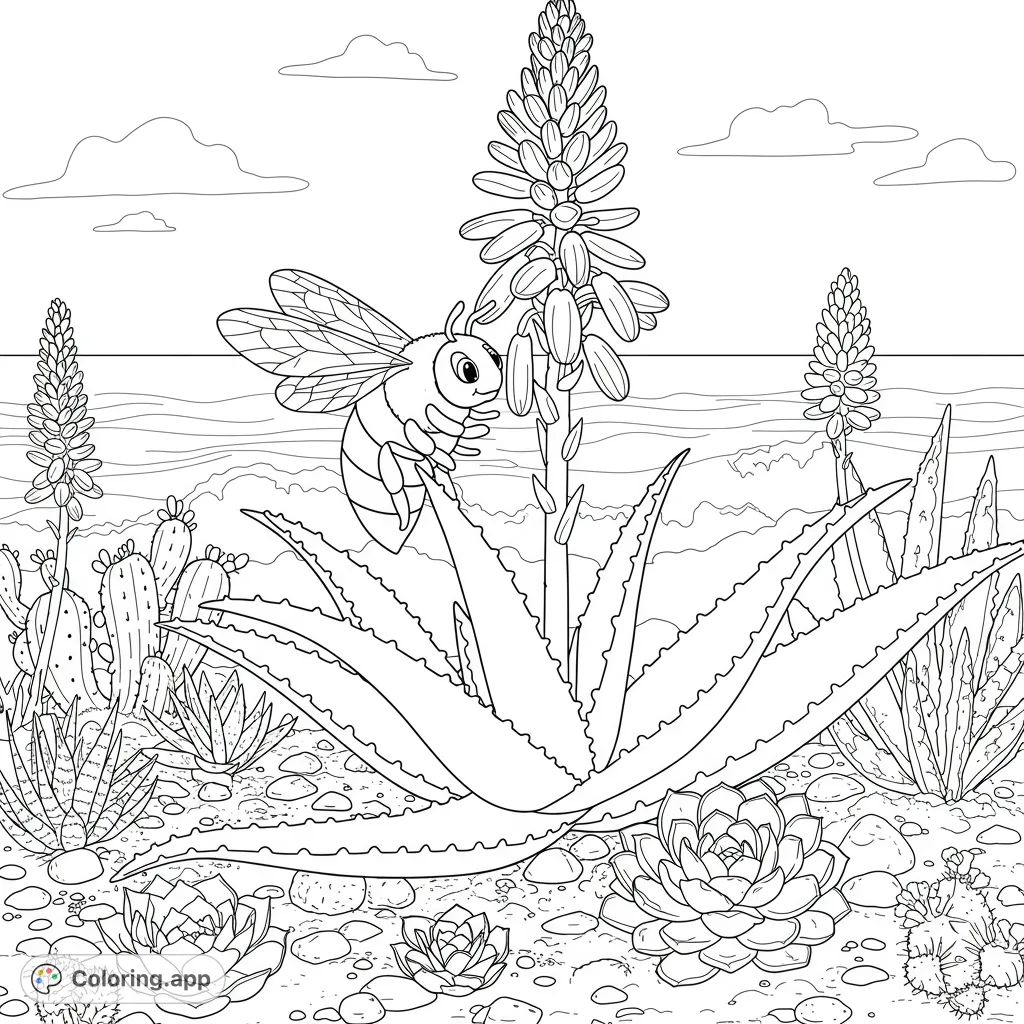 A charming bee sips nectar from a tall aloe vera bloom amidst a desert garden of succulents and cacti. A delightful nature scene for coloring.