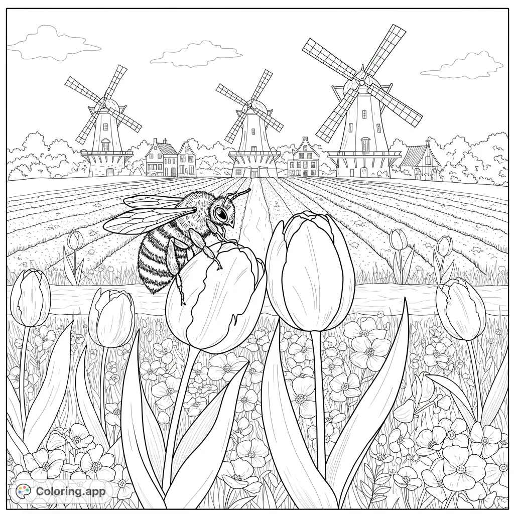 A charming Dutch landscape coloring page featuring a detailed bee on a tulip, surrounded by vibrant flower fields and classic windmills.