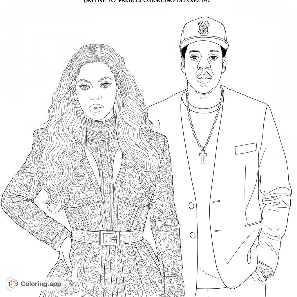 Color this iconic music duo, Beyoncé and Jay-Z, in a detailed portrait. Features intricate patterns on her dress and his classic style. A free printable celebrity coloring page for fans.