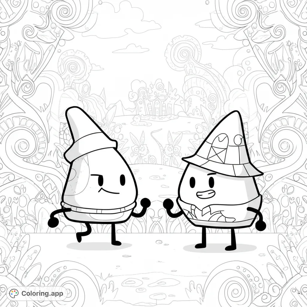A dynamic Battle for Dream Island coloring page featuring two beloved characters in a friendly standoff against a vibrant, abstract landscape. Perfect for fans!