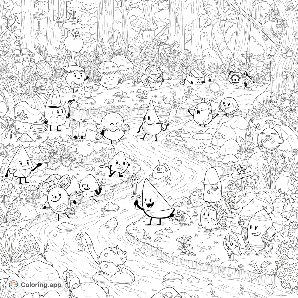 Explore the intricate Battle for Dream Island setting! This detailed BFDI coloring page features beloved characters, a sparkling river, and lush forest, perfect for fans.