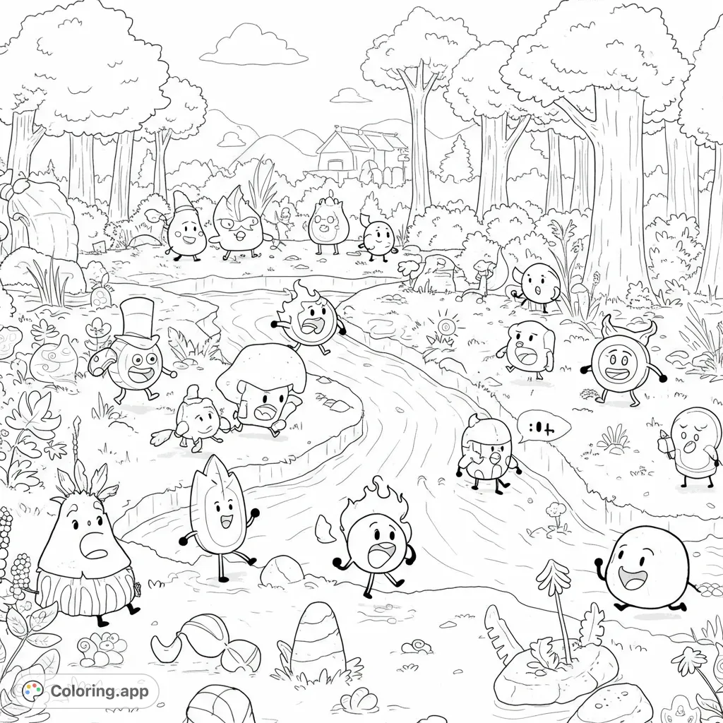 Explore the whimsical Battle for Dream Island! A free printable BFDI coloring page featuring beloved characters, a sparkling river, and lush forest, perfect for kids and adults.