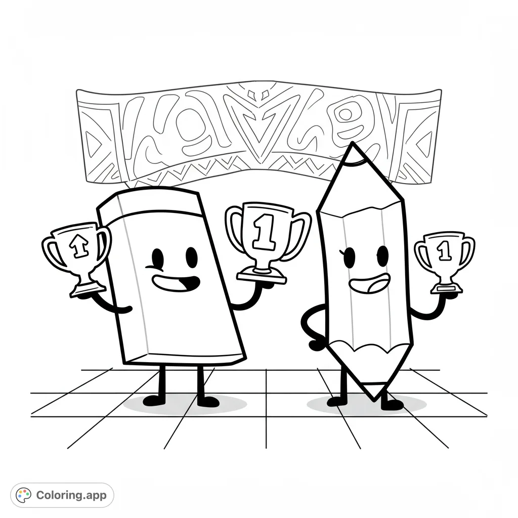 A fun Battle for Dream Island coloring page featuring Match and Pencil celebrating a friendly competition on a checkered ground. Perfect for fans!