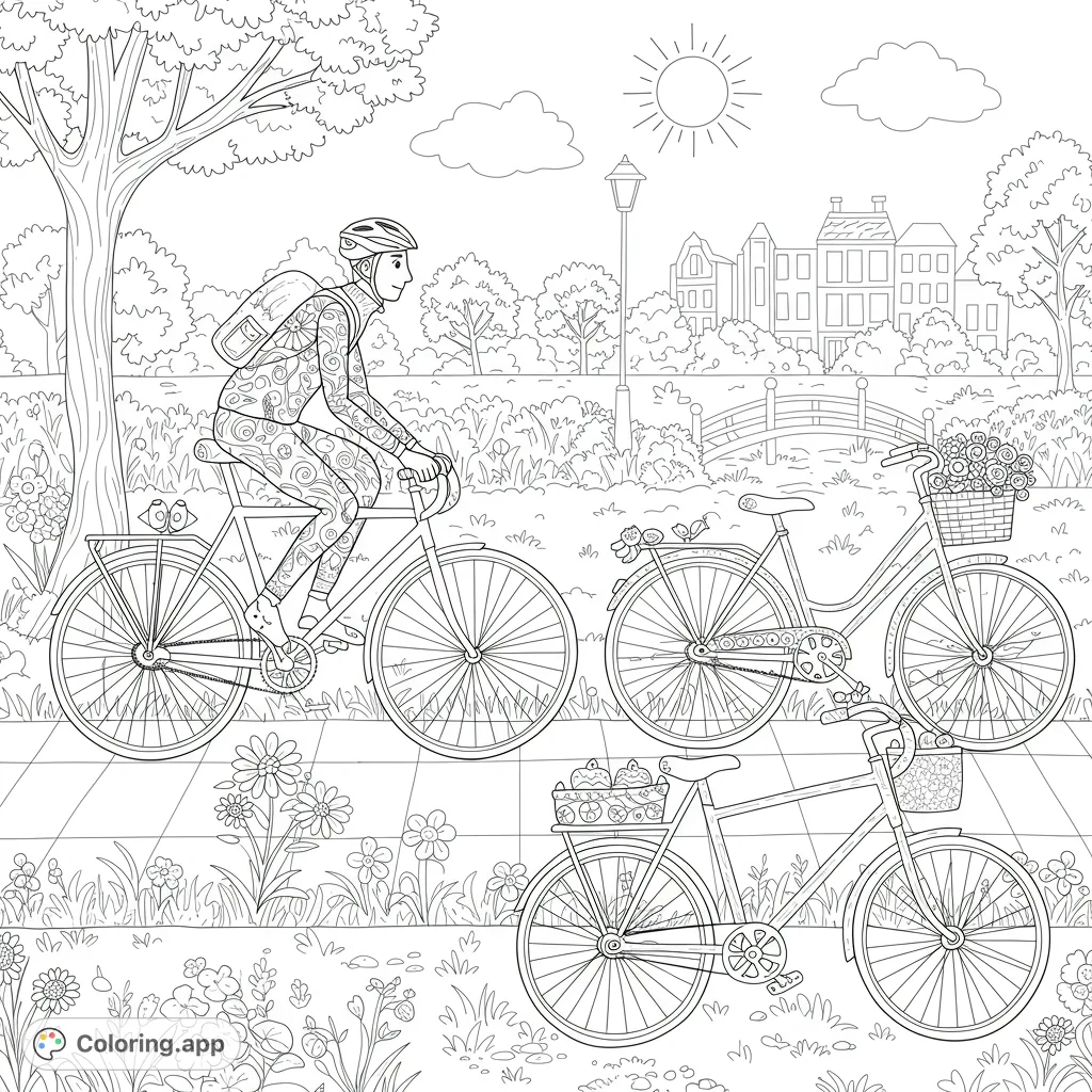 Explore a lively park scene with a cyclist and two charming bicycles, surrounded by flowers, trees, and quaint buildings under a sunny sky. A delightful outdoor adventure!