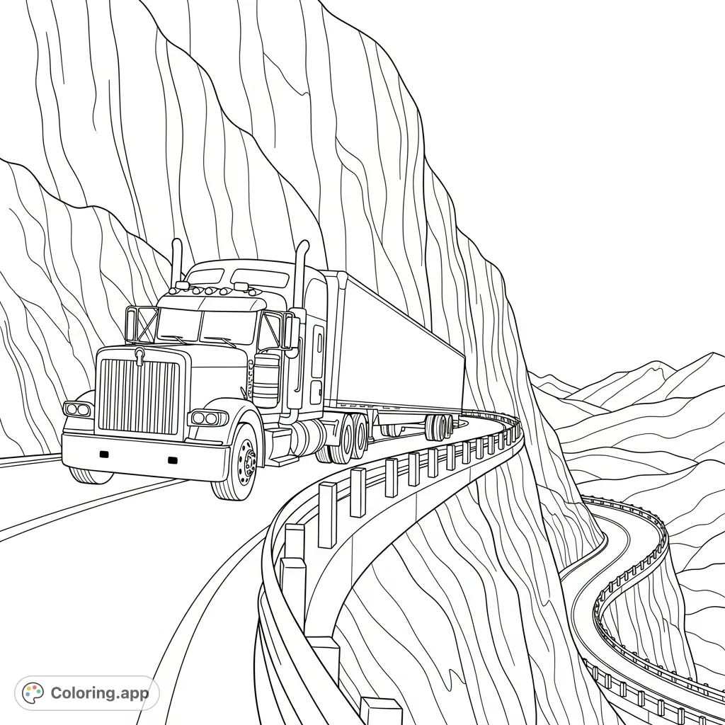 Journey up a steep mountain with a powerful big rig on a winding road. Simplified cliffs and guard rails create a dramatic, engaging trucking scene.