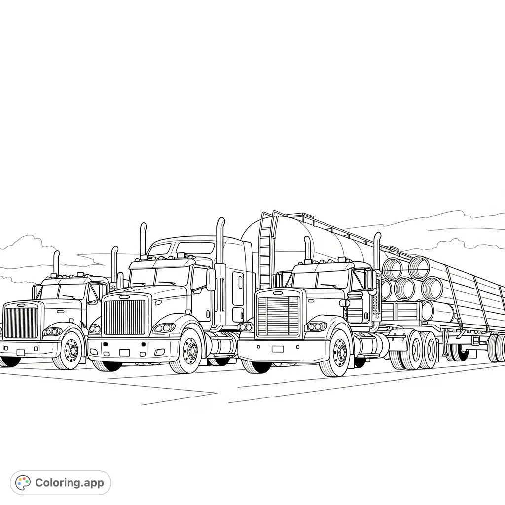 A bold composition featuring a dynamic lineup of four distinct big rigs: cabover, long-nose, tanker, and flatbed, ready for the open road.