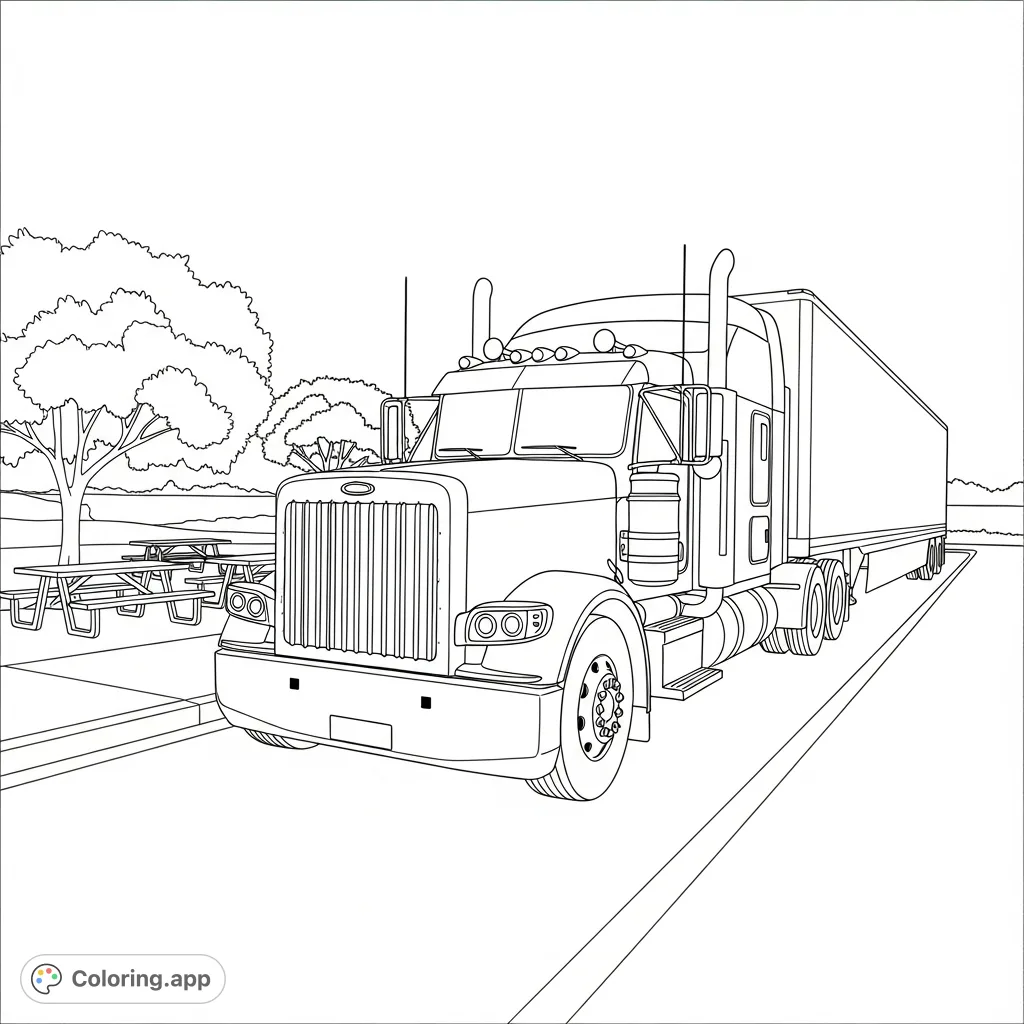 Color a detailed big rig truck parked at a tranquil rest area, featuring classic styling and a peaceful background with picnic tables and trees.