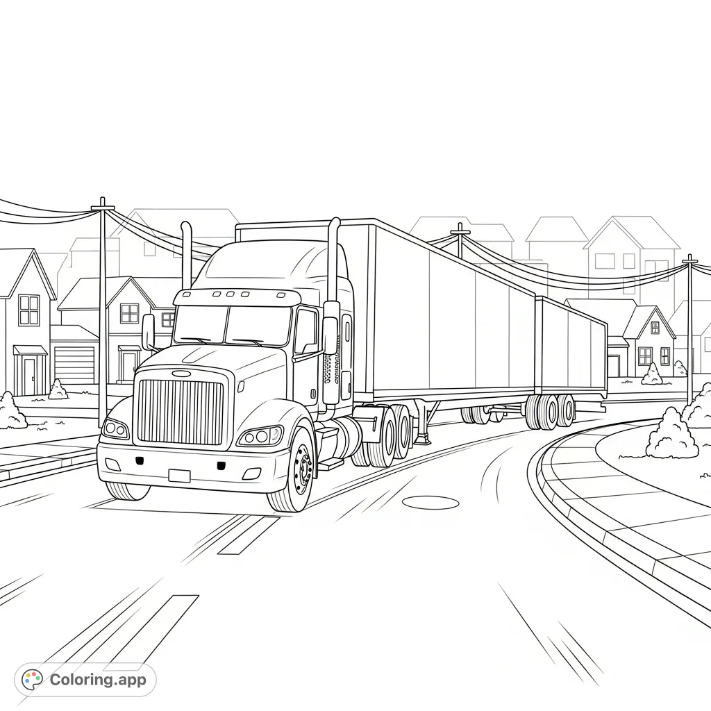 A dynamic big rig semi-truck makes a wide turn on a quiet suburban street, with minimalist houses and street details. Perfect for truck enthusiasts!