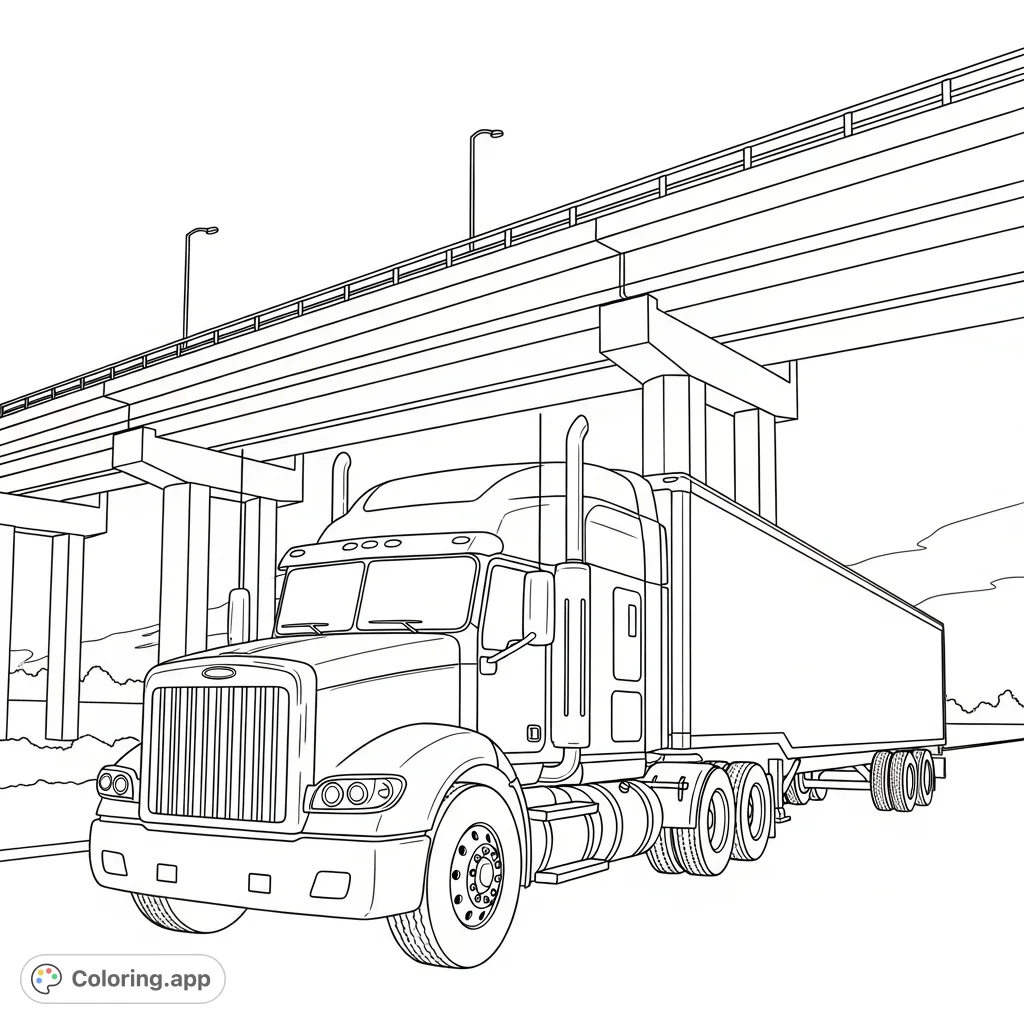 A detailed big rig travels beneath a simplified highway overpass, showcasing large wheels, a prominent grill, and sturdy concrete structures.
