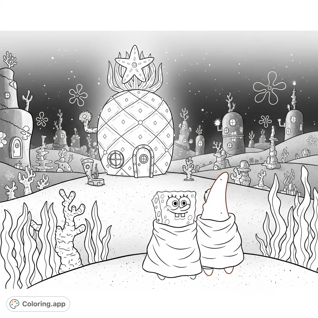 Explore a festive Bikini Bottom at night, aglow with shimmering lights. Spongebob and Patrick admire the scene from a hill, wrapped in seaweed blankets. A delightful Spongebob coloring page!