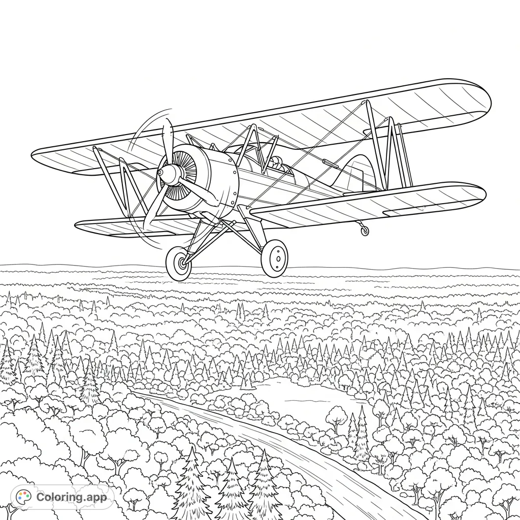 An adventurous coloring page featuring a classic biplane flying high above a detailed forest landscape, complete with varied trees and a winding river.