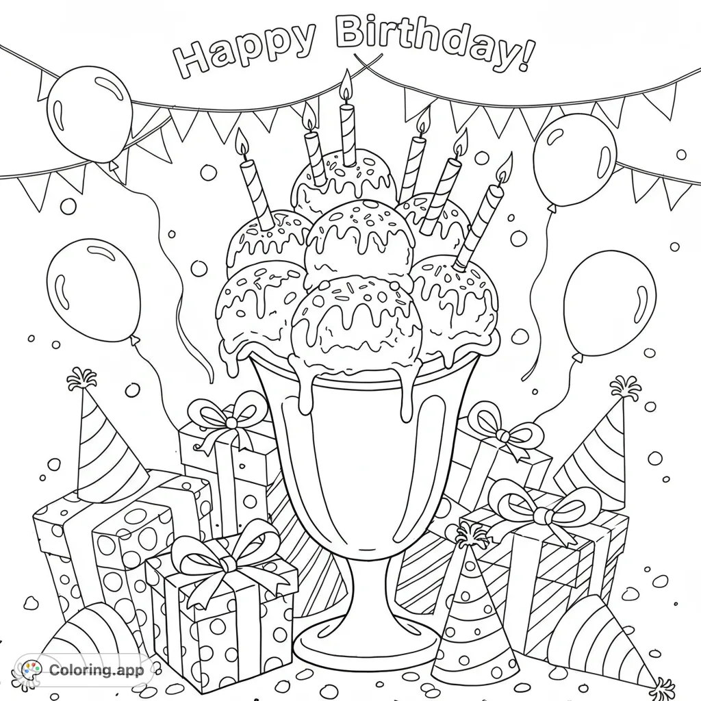 Celebrate with a delightful birthday ice cream sundae, surrounded by festive gifts, balloons, and party hats. A sweet treat for all ages!