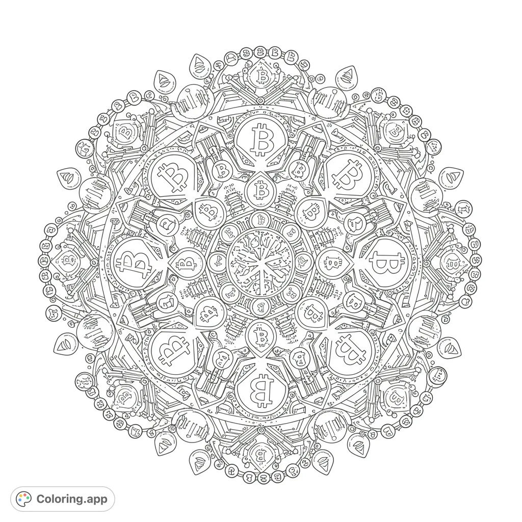An intricate Bitcoin circuit mandala coloring page, perfect for tech enthusiasts. Features detailed crypto symbols and complex digital patterns.