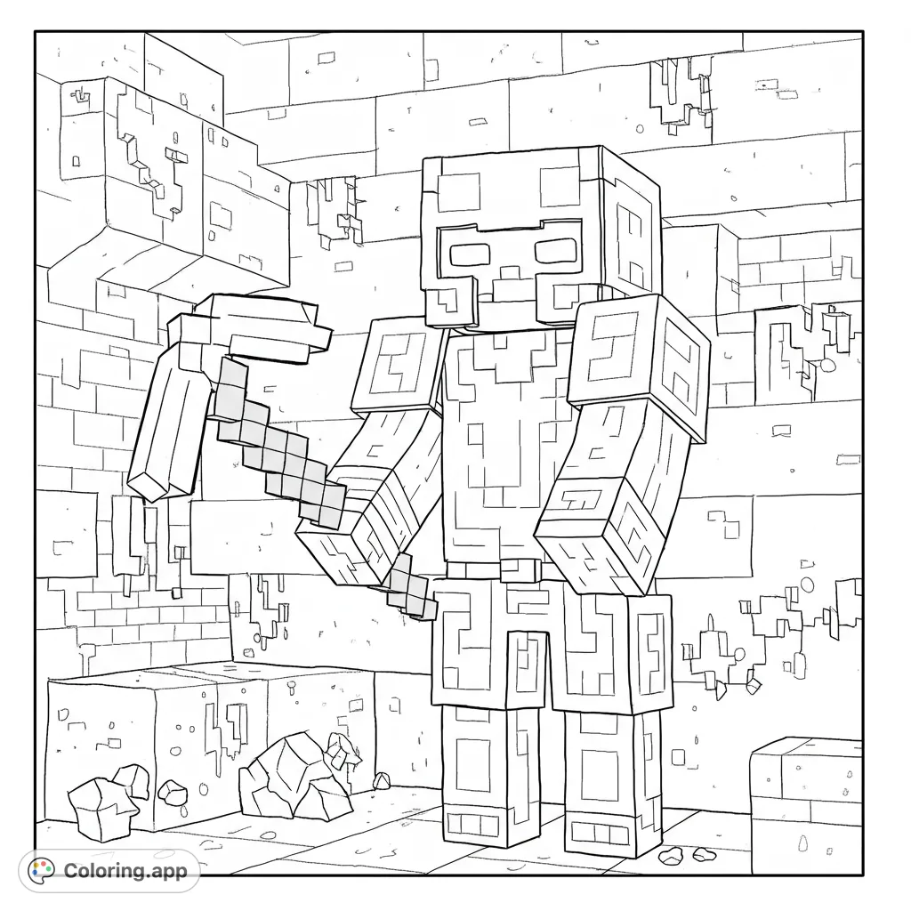 Explore a blocky world with a mighty miner! This free printable Minecraft-style coloring page features a golem with a pickaxe in a cavern.