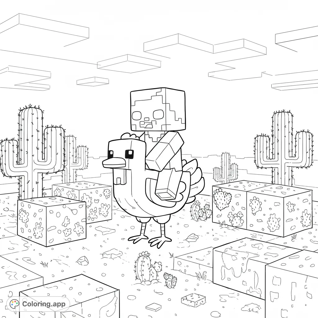 A blocky character rides a chicken through a desert landscape with cacti and floating blocks. A fun, free printable Minecraft-inspired coloring page for kids and adults.