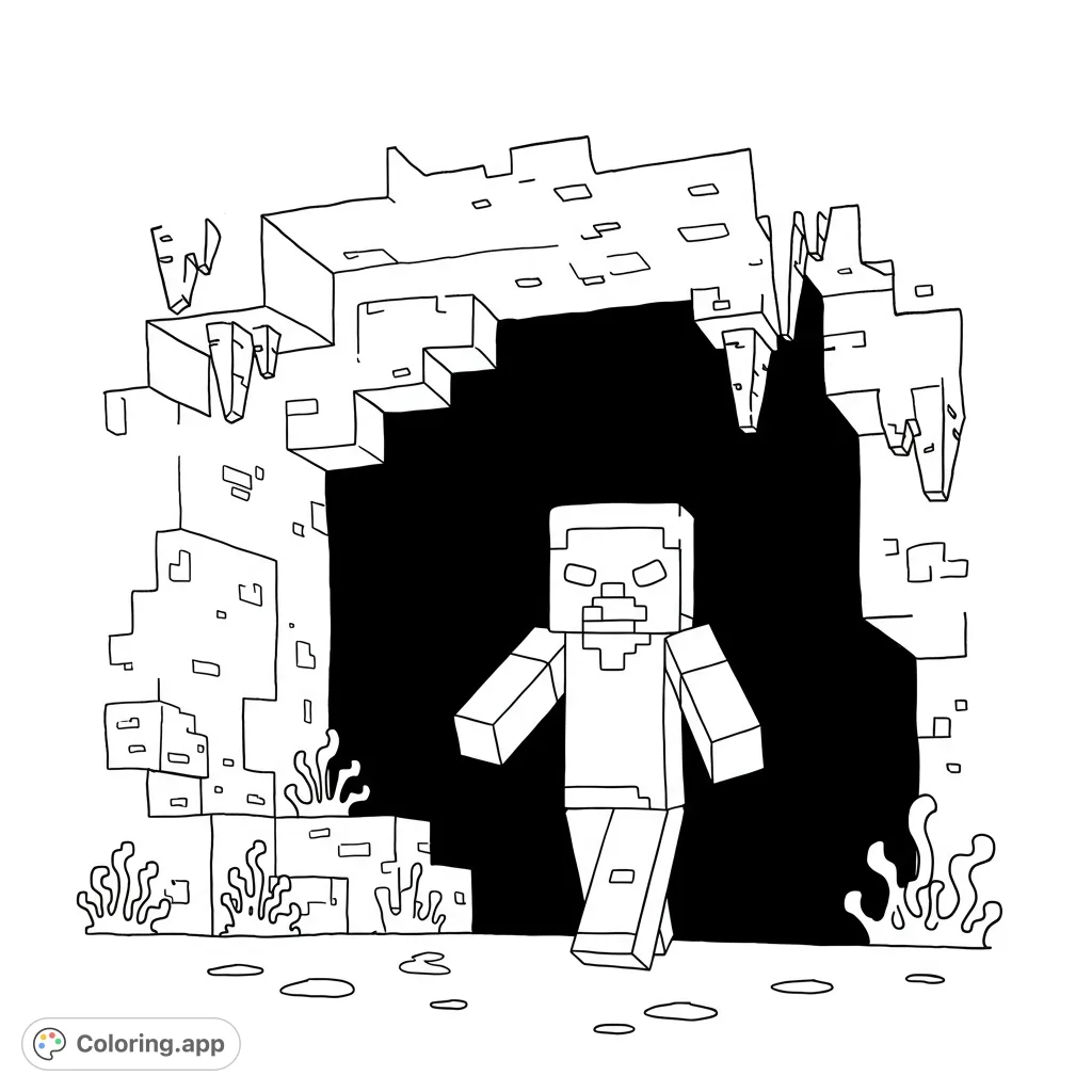A blocky zombie-like character emerges from a dark, pixelated cave entrance. A fun Minecraft-themed coloring page, free printable for kids and adults!