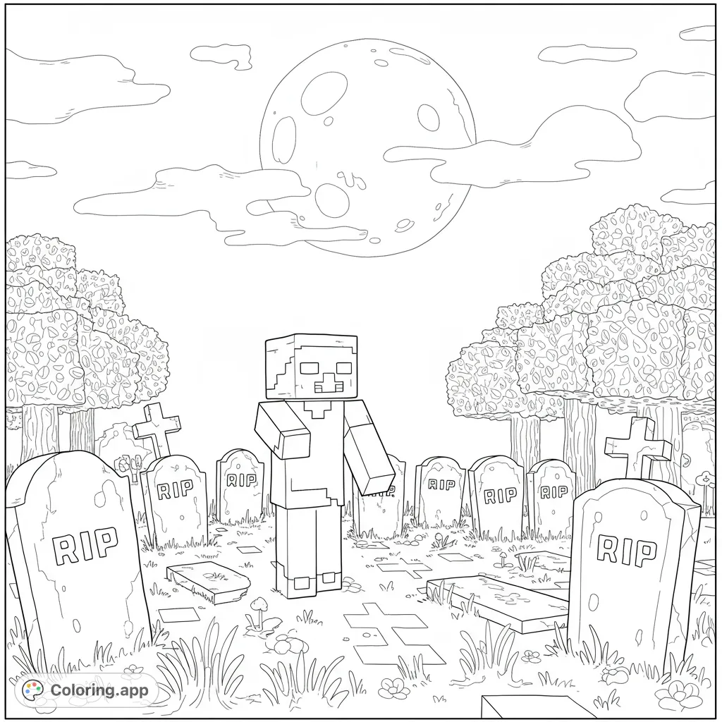 Enter a blocky graveyard scene with a pixelated zombie under a full moon. A fun, free printable Minecraft-themed coloring page for kids and adults.