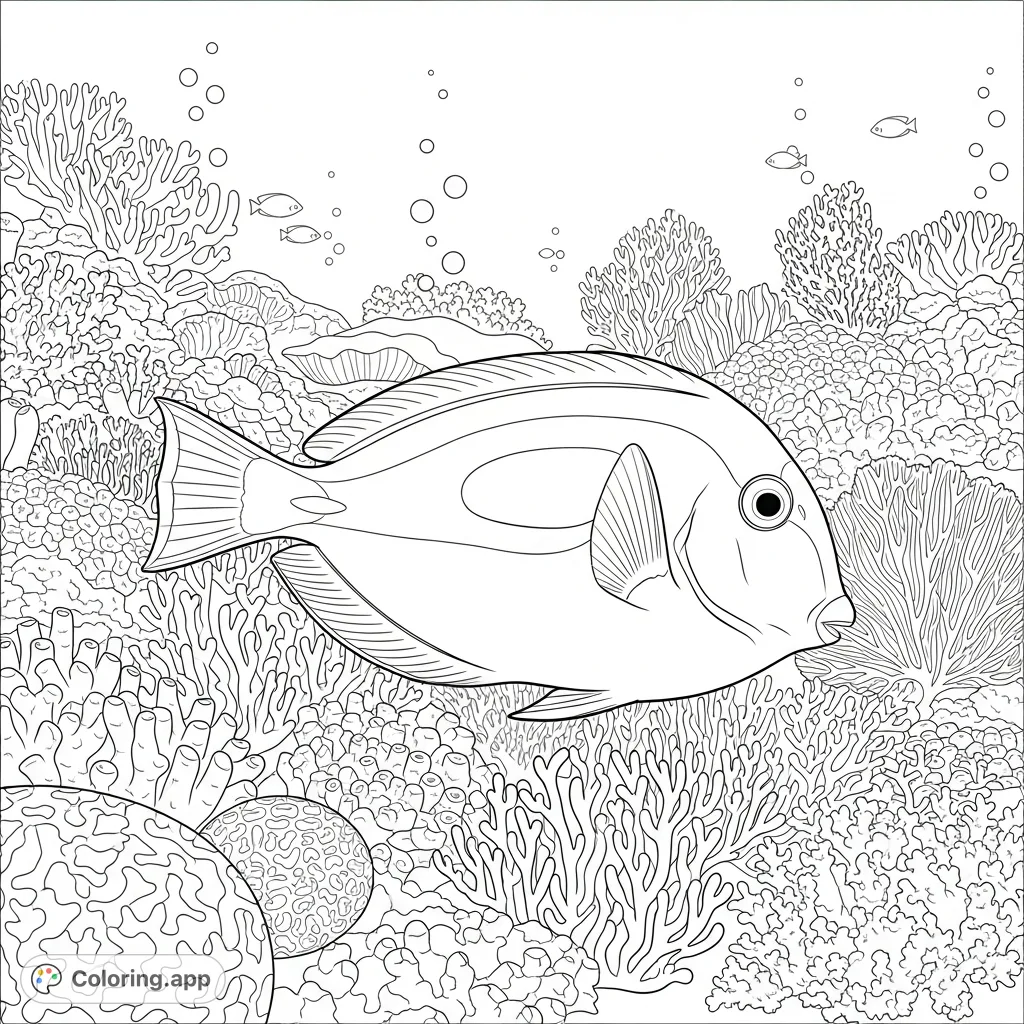 A graceful blue tang fish navigates a vibrant coral reef, surrounded by intricate coral structures and playful sea life. A captivating underwater scene.