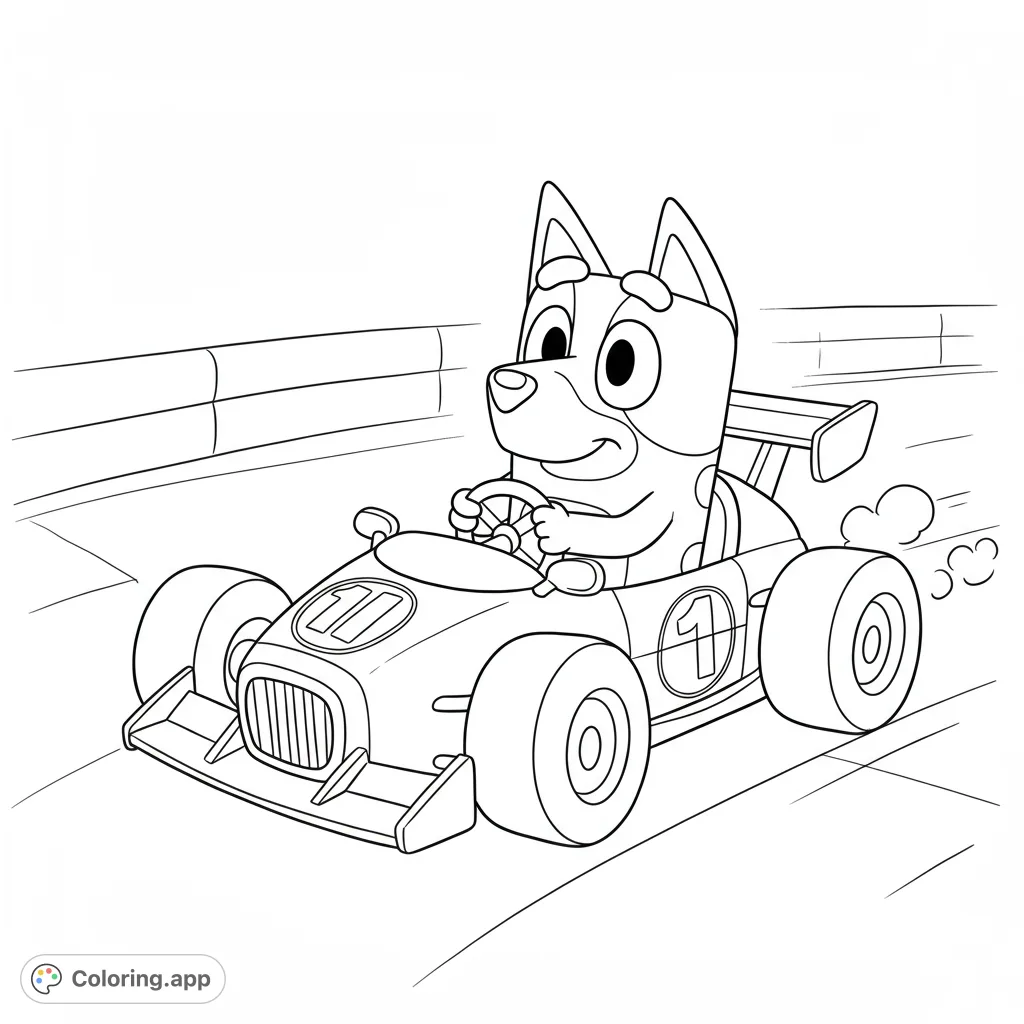 Join a beloved cartoon dog in a thrilling race car adventure! This free printable coloring page features a speedy vehicle and a happy driver.