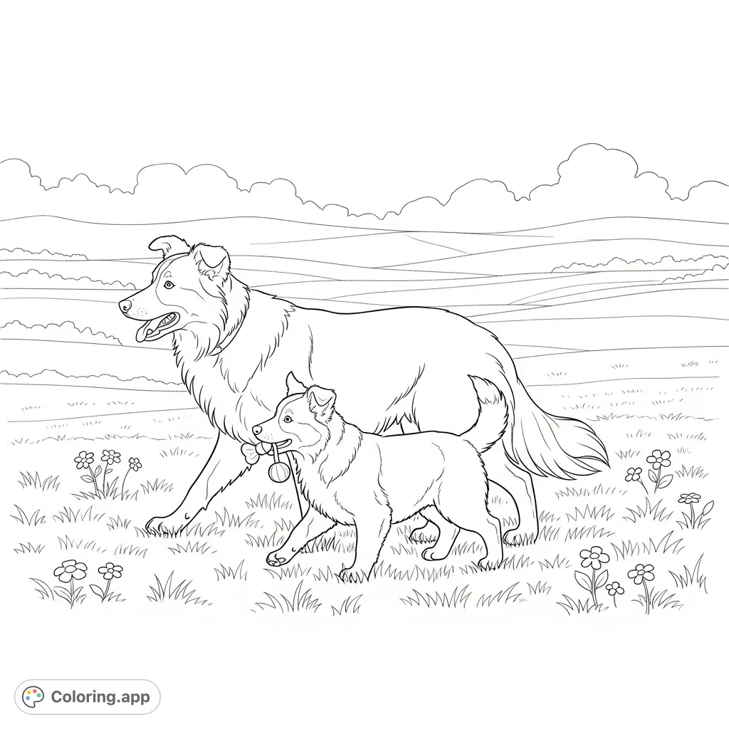 Color a heartwarming scene: a Border Collie and its playful puppy explore a wildflower meadow under a vast sky, with rolling hills beyond.