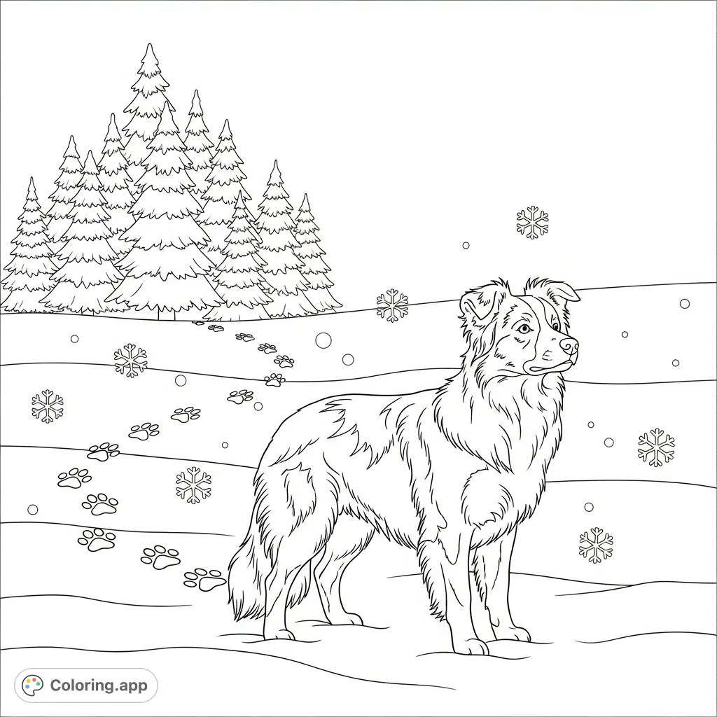 A beautiful Border Collie stands amidst a gentle snowfall, with delicate paw prints trailing behind. Simplified pine trees complete this serene winter scene.