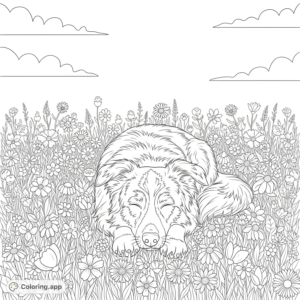 A charming Border Collie relaxes peacefully amidst a lush field of blooming wildflowers under a wide, open sky, inviting a tranquil coloring experience.
