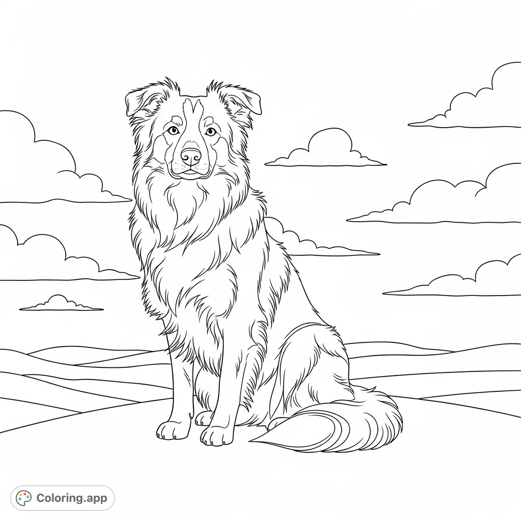 A serene Border Collie sits proudly on a rolling hilltop, with fluffy clouds drifting across the expansive sky. A calming scene for dog lovers.