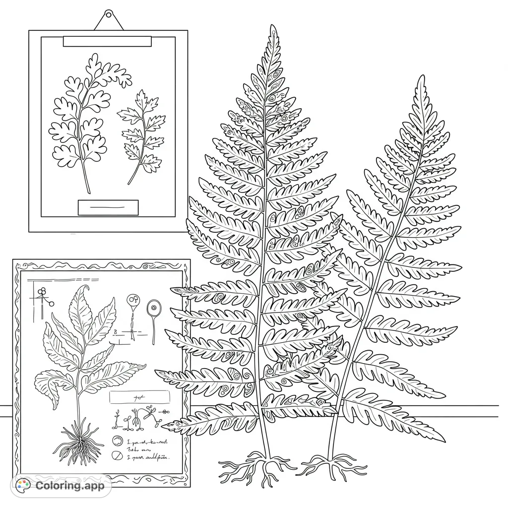 Explore a detailed botanical fern coloring page featuring large fronds and scientific illustrations. Perfect for nature lovers and science enthusiasts.