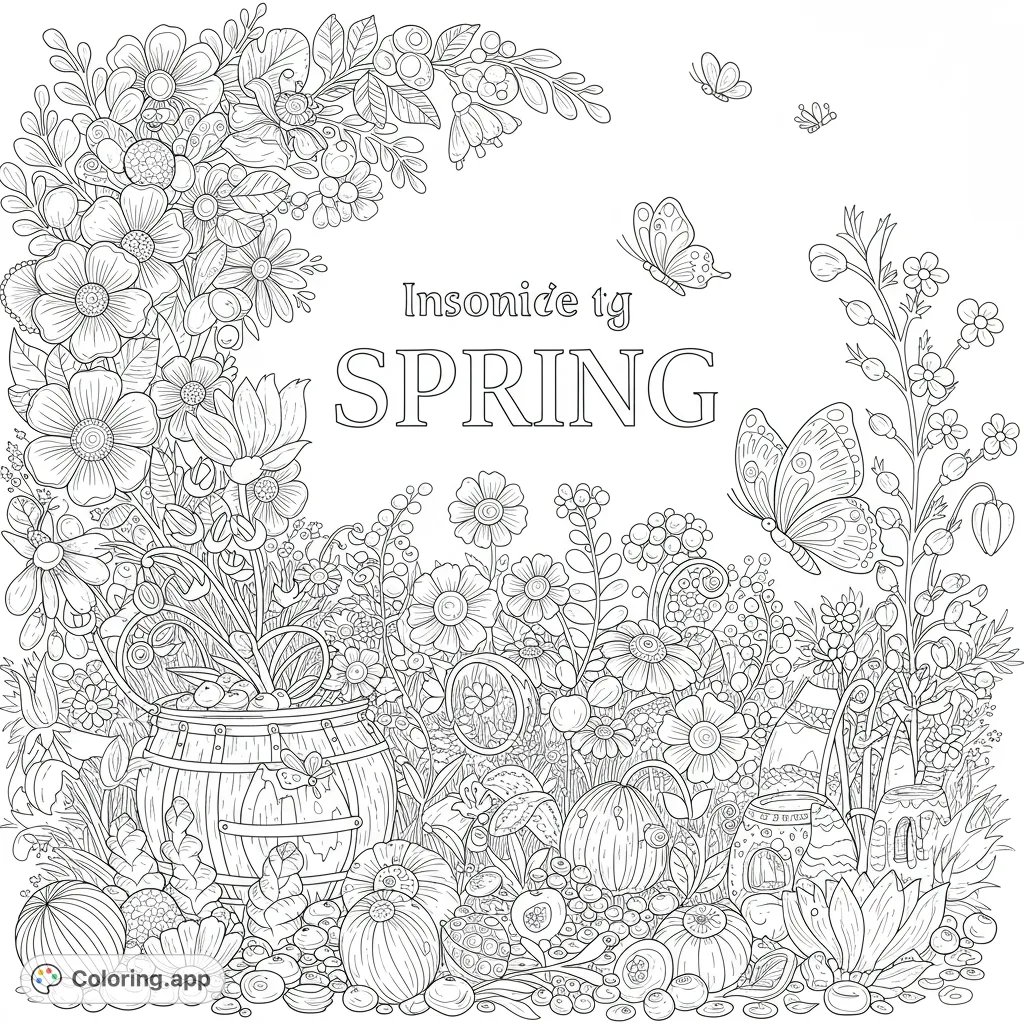 A lush spring garden coloring page overflowing with intricate flowers, fruits, and playful butterflies, perfect for vibrant creativity.