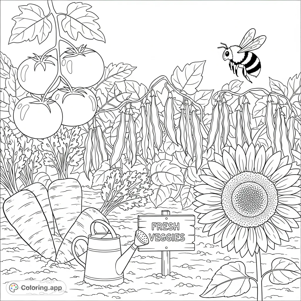 Explore a thriving vegetable patch with plump tomatoes, bushy beans, large carrots, a watering can, and a sunflower with a hovering bumblebee.