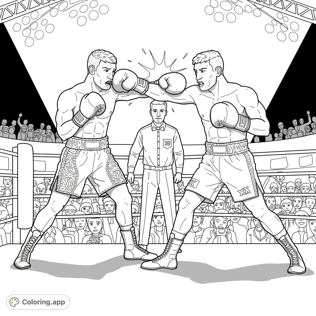 Action-packed boxing match coloring page featuring two boxers, a referee, and a cheering crowd in a detailed ring. Perfect for sports fans.