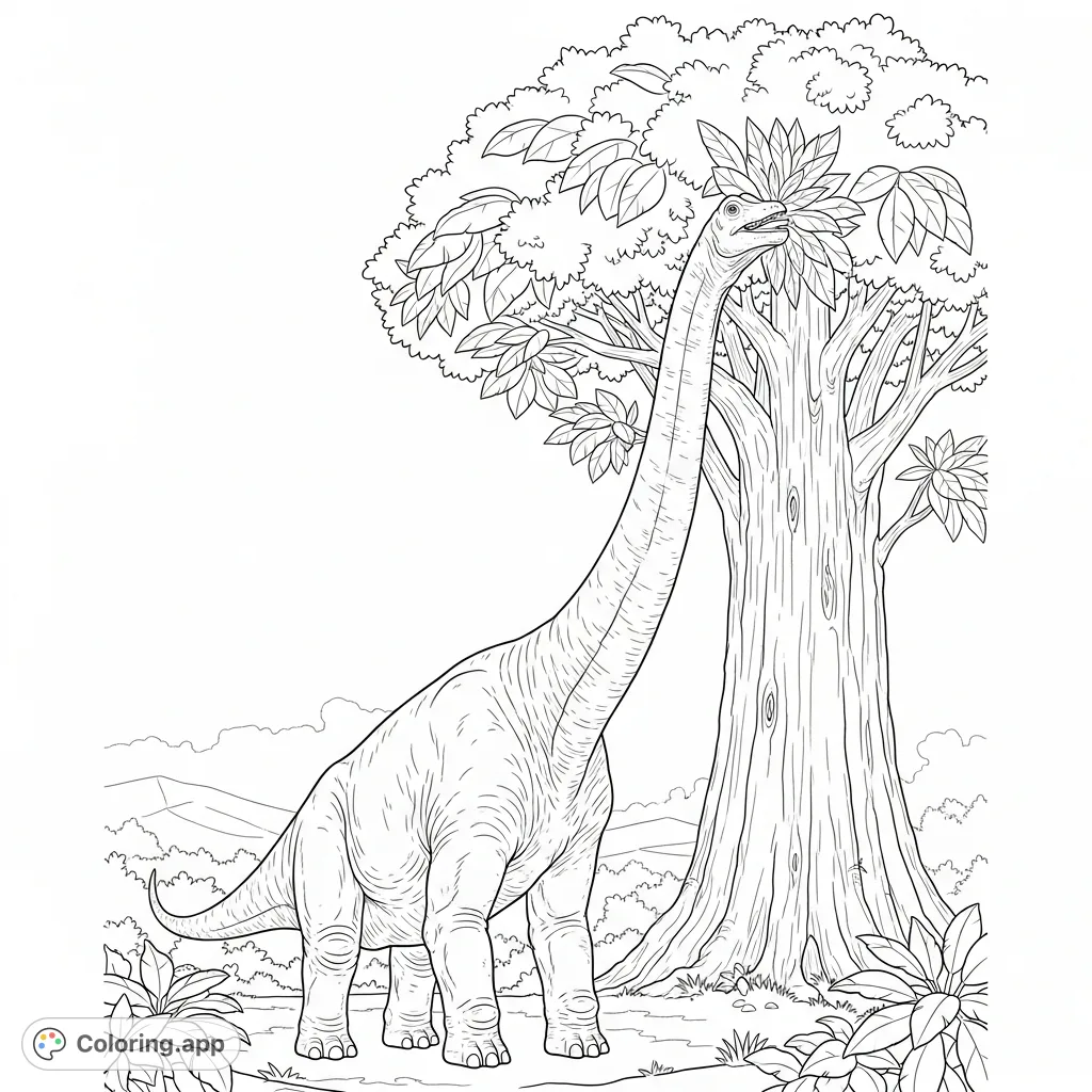 A magnificent brachiosaurus stretches its long neck to gently graze on the abundant leaves of a towering prehistoric tree, set in a lush landscape.