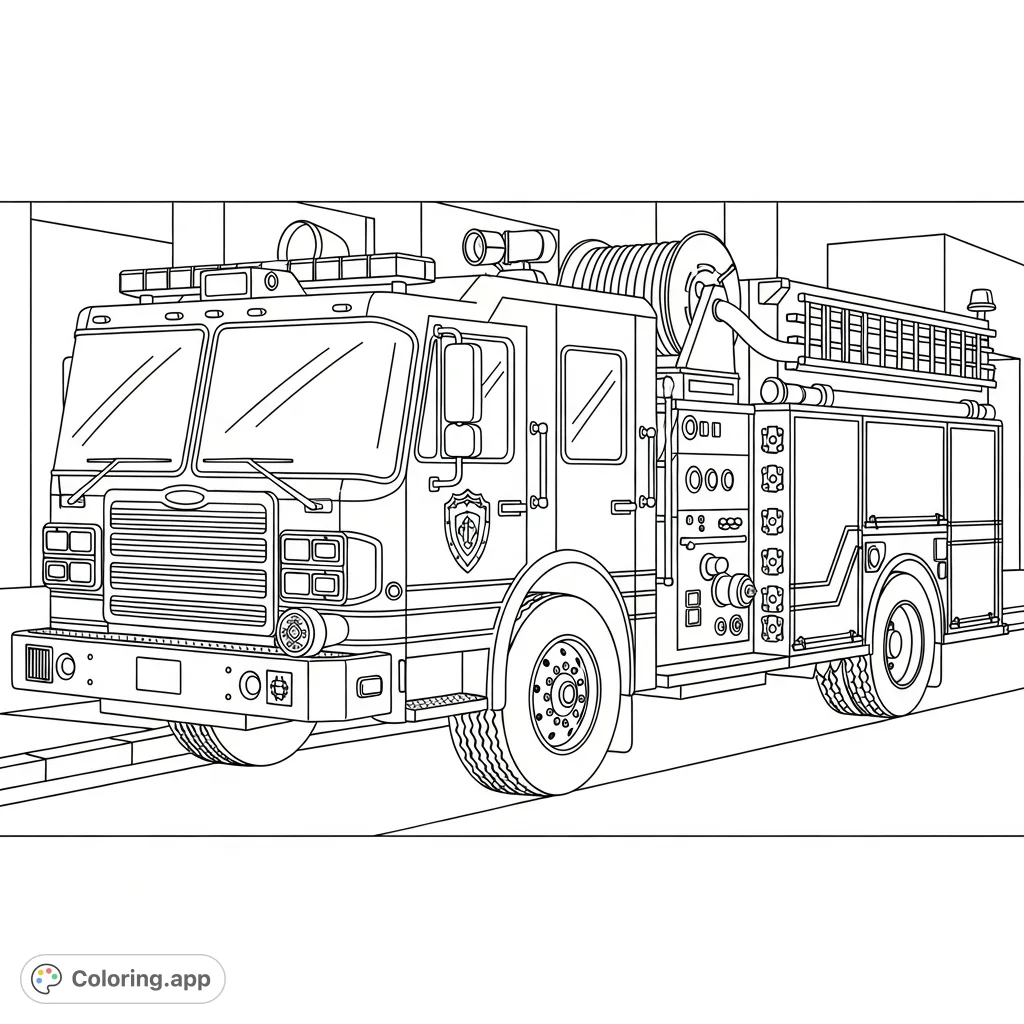 A detailed fire truck with a prominent hose reel, storage compartments, and extendable ladders, ready for action. Perfect for aspiring heroes!