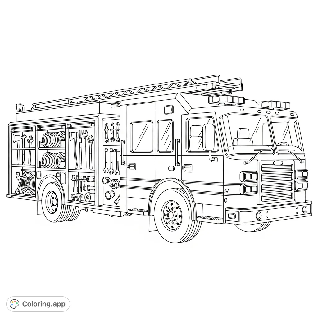 A brave fire truck with its side compartment doors wide open, showcasing a detailed array of firefighting and rescue tools neatly stored inside, ready for action.