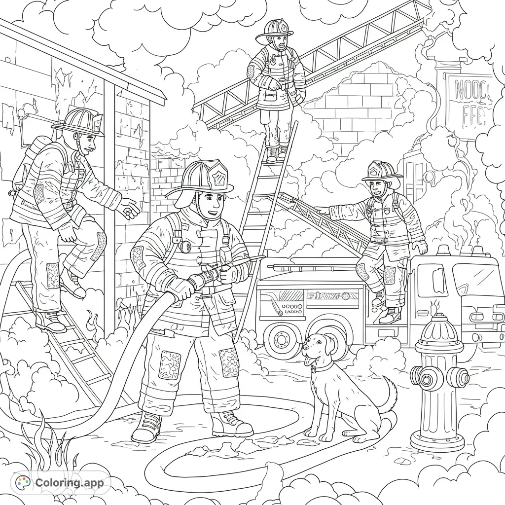 Dynamic firefighter coloring page featuring brave heroes battling a blaze with hoses and ladders, alongside a loyal dog. A free printable adventure!