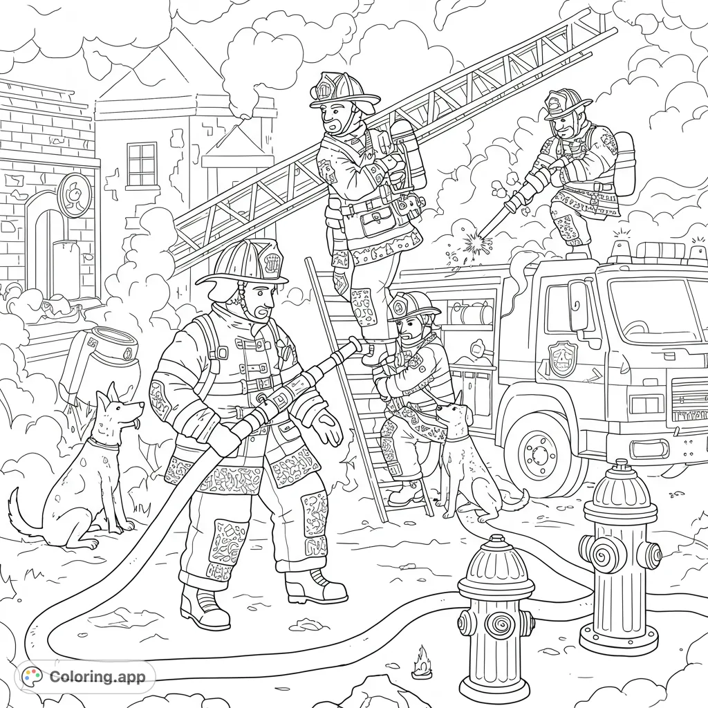 A dynamic firefighter coloring page featuring brave heroes, a fire truck, and loyal dogs battling a blaze. Perfect for aspiring community helpers!