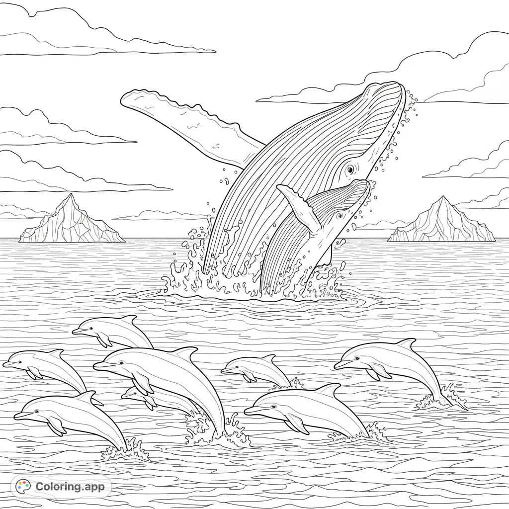Experience an awe-inspiring marine life coloring page: a breaching mother humpback whale and calf, playful dolphins, and majestic icebergs under a vast sky.