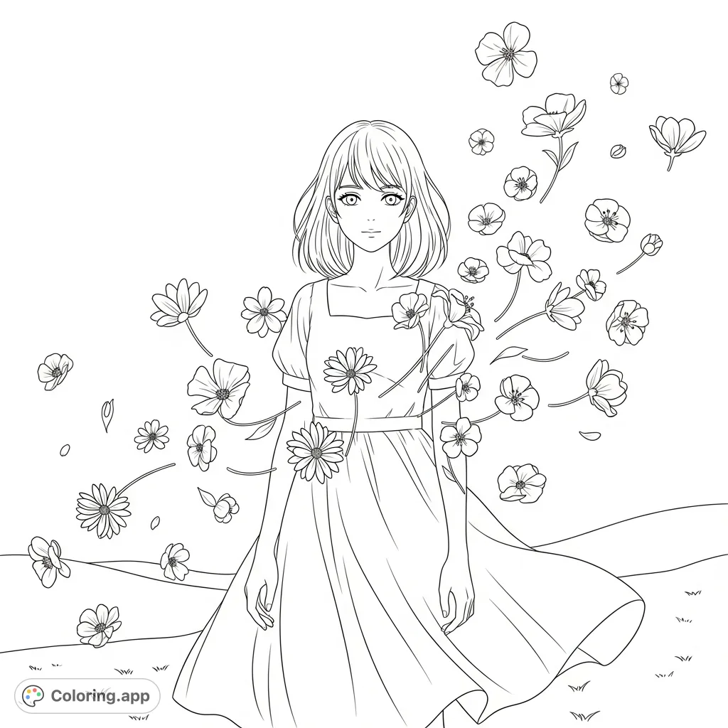 Color a graceful anime girl with shoulder-length hair, standing in a gentle breeze with flowers swirling around her simple, flowing dress in an open field.