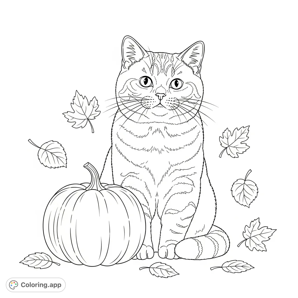 A delightful British Shorthair cat in a relaxed pose, sitting beside a classic pumpkin, surrounded by simplified fall leaves for a cozy autumn scene.