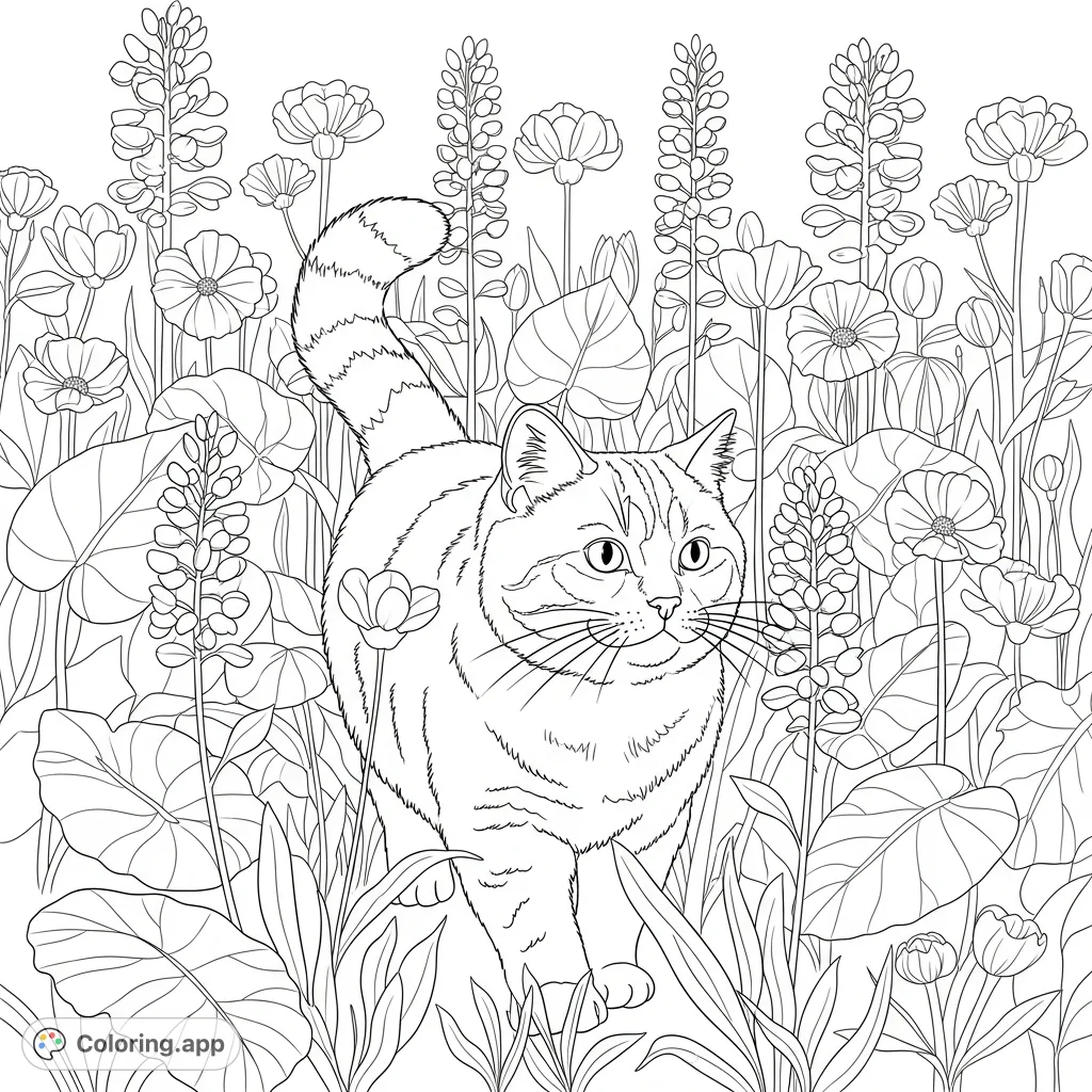 A charming British Shorthair cat exploring a lush garden filled with tall flowers and broad leaves, offering a delightful and detailed coloring experience.