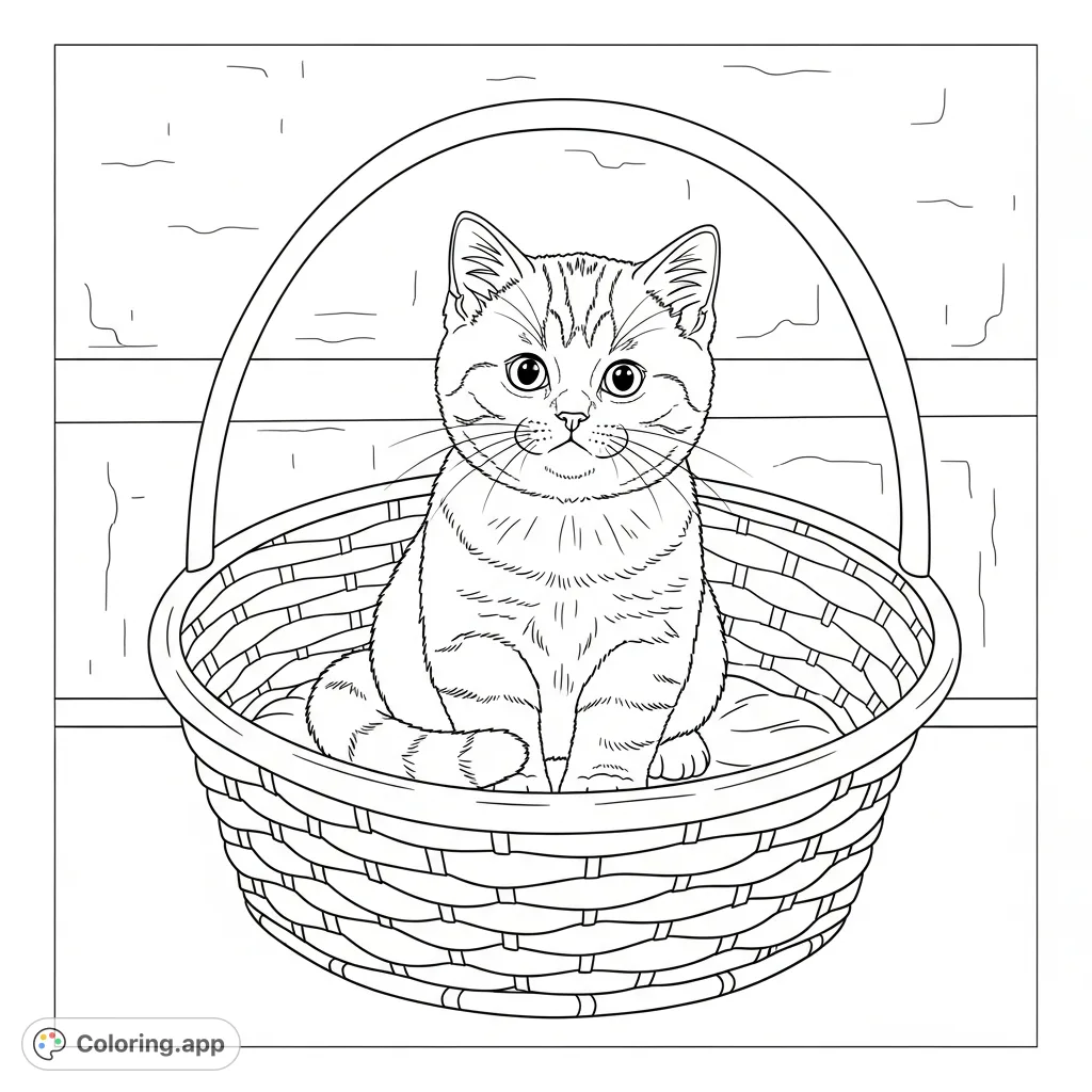 An adorable British Shorthair kitten nestled in a cozy woven basket, featuring soft fur and gentle eyes. A charming scene for all ages to color.