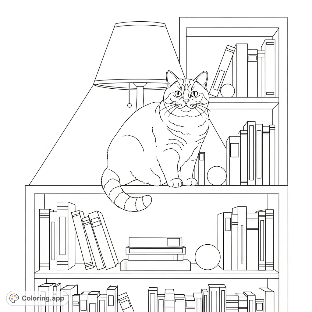 A charming British Shorthair cat rests serenely on a detailed bookshelf filled with simplified books, with a subtle lamp silhouette in the background.