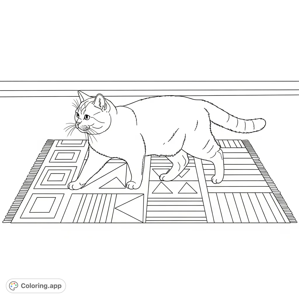 A charming British Shorthair cat strolls across a rug adorned with simplified geometric shapes. Perfect for cat lovers and those enjoying abstract patterns.