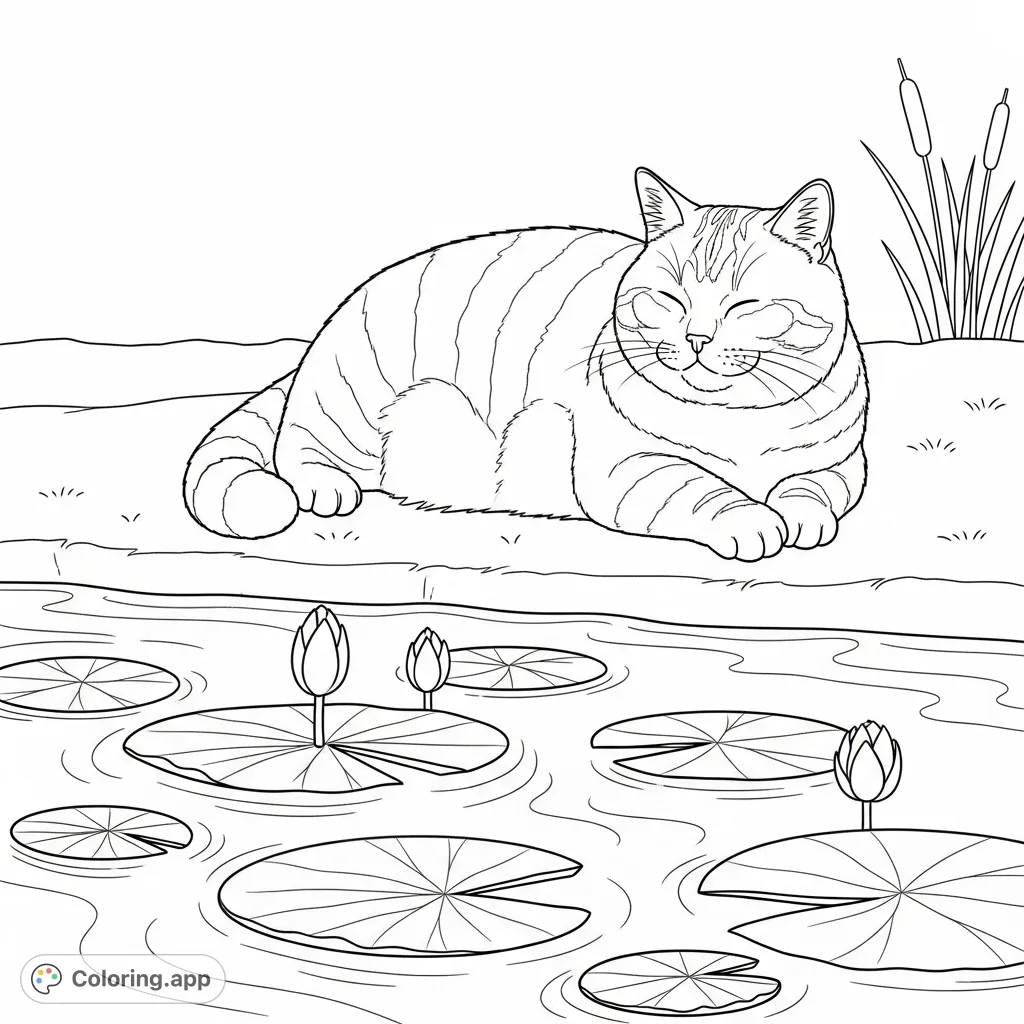 A serene British Shorthair cat rests by a calm pond, surrounded by lily pads and gentle water lines. A tranquil scene for mindful coloring.